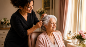 Coiffeuse coiffant une résidente âgée dans sa chambre en maison de retraite
